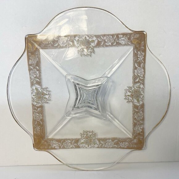 Ovington’s Alhambra Glass Cake Pedestal Platter Gold Floral Inlay Elegant Shape - Picture 11 of 14
